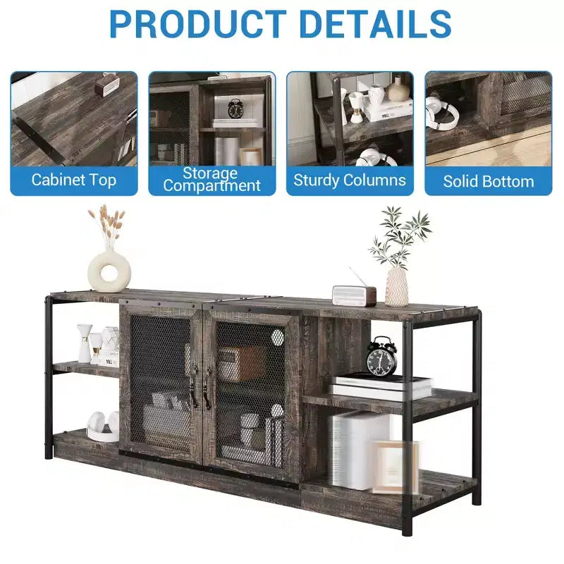 Meuble TV moderne pour téléviseurs jusqu'à 75 pouces, meuble de divertissement avec portes en maille et 4 étagères ouvertes, console TV multimédia en bois, gris 160 cm