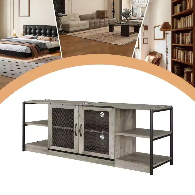 Meuble TV moderne pour téléviseurs jusqu'à 75 pouces, meuble de divertissement avec portes en maille et 4 étagères ouvertes, console TV multimédia en bois, gris 160 cm