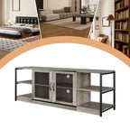 Meuble TV moderne pour téléviseurs jusqu'à 75 pouces, meuble de divertissement avec portes en maille et 4 étagères ouvertes, console TV multimédia en bois, gris 160 cm