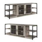 Meuble TV moderne pour téléviseurs jusqu'à 75 pouces, meuble de divertissement avec portes en maille et 4 étagères ouvertes, console TV multimédia en bois, gris 160 cm