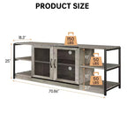 Meuble TV moderne pour téléviseurs jusqu'à 75 pouces, meuble de divertissement avec portes en maille et 4 étagères ouvertes, console TV multimédia en bois, gris 160 cm