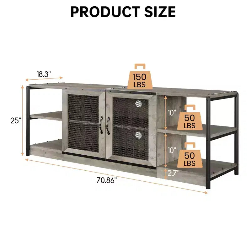 Meuble TV moderne pour téléviseurs jusqu'à 75 pouces, meuble de divertissement avec portes en maille et 4 étagères ouvertes, console TV multimédia en bois, gris 160 cm