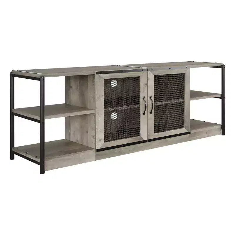Meuble TV moderne pour téléviseurs jusqu'à 75 pouces, meuble de divertissement avec portes en maille et 4 étagères ouvertes, console TV multimédia en bois, gris 160 cm