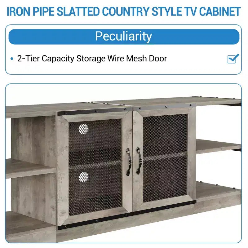 Meuble TV moderne pour téléviseurs jusqu'à 75 pouces, meuble de divertissement avec portes en maille et 4 étagères ouvertes, console TV multimédia en bois, gris 160 cm