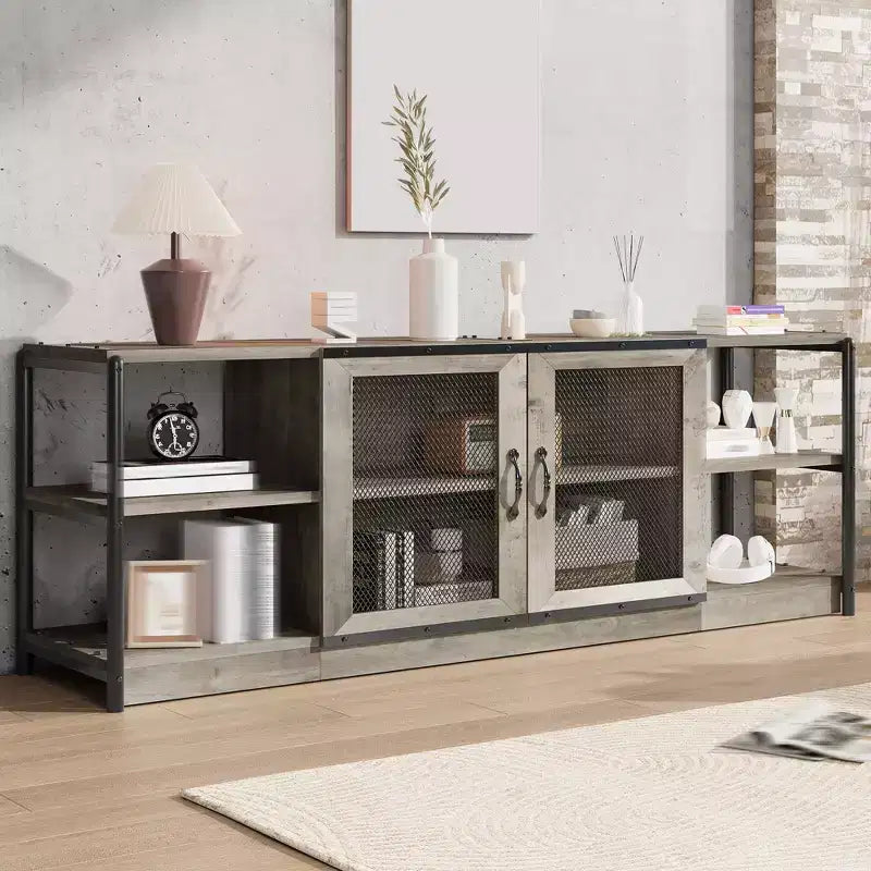 Meuble TV moderne pour téléviseurs jusqu'à 75 pouces, meuble de divertissement avec portes en maille et 4 étagères ouvertes, console TV multimédia en bois, gris 160 cm