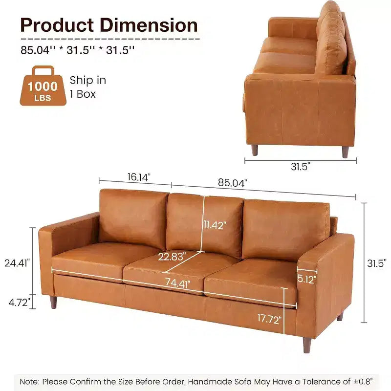 Canapé Acekool 85 Mid-Century Modern en Faux Cuir, Canapé 3 Places avec Assise Profonde, Mousse Haute Densité, Pieds en Bois, Tan, pour Salon ou Bureau