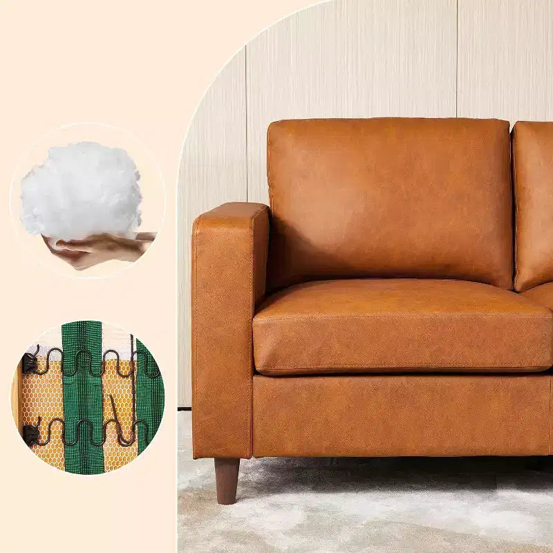 Canapé Acekool 85 Mid-Century Modern en Faux Cuir, Canapé 3 Places avec Assise Profonde, Mousse Haute Densité, Pieds en Bois, Tan, pour Salon ou Bureau