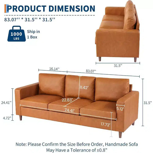 Canapé Acekool 85 Mid-Century Modern en Faux Cuir, Canapé 3 Places avec Assise Profonde, Mousse Haute Densité, Pieds en Bois, Tan, pour Salon ou Bureau