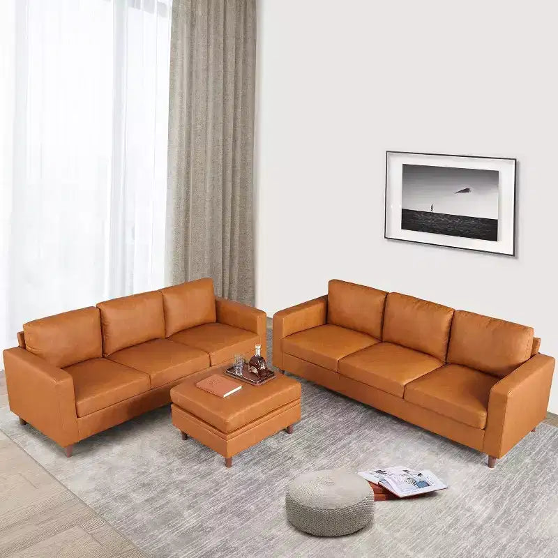 Canapé Acekool 85 Mid-Century Modern en Faux Cuir, Canapé 3 Places avec Assise Profonde, Mousse Haute Densité, Pieds en Bois, Tan, pour Salon ou Bureau