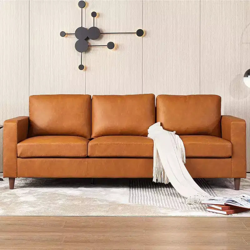 Canapé Acekool 85 Mid-Century Modern en Faux Cuir, Canapé 3 Places avec Assise Profonde, Mousse Haute Densité, Pieds en Bois, Tan, pour Salon ou Bureau