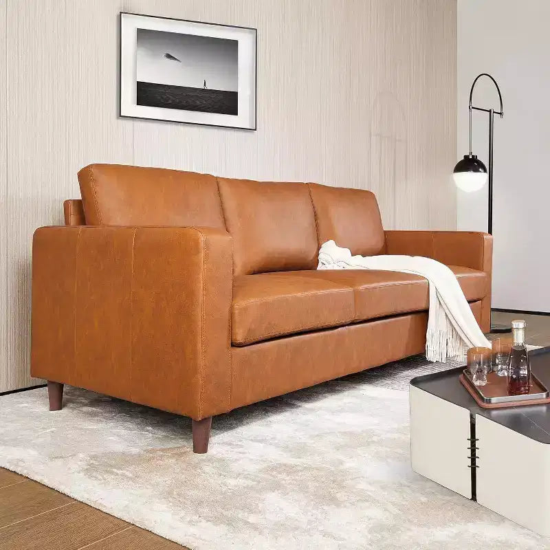 Canapé Acekool 85 Mid-Century Modern en Faux Cuir, Canapé 3 Places avec Assise Profonde, Mousse Haute Densité, Pieds en Bois, Tan, pour Salon ou Bureau