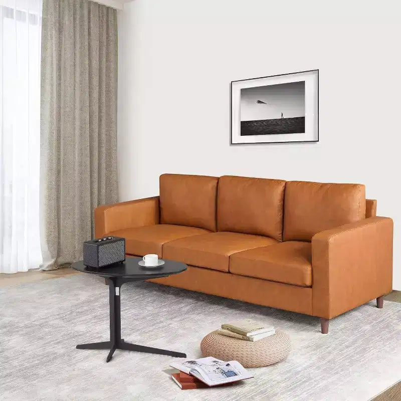 Canapé Acekool 85 Mid-Century Modern en Faux Cuir, Canapé 3 Places avec Assise Profonde, Mousse Haute Densité, Pieds en Bois, Tan, pour Salon ou Bureau