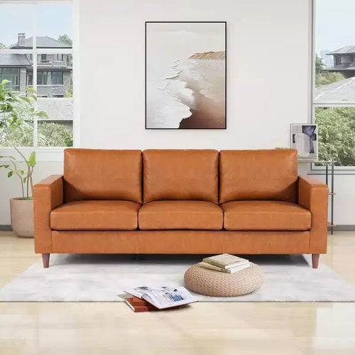 Acekool 85 Mid-Century Modern Faux Leather Sofa, 3-Seat Couch with Deep Seats, High-Density Foam, Wood Legs, Tan, for Living Room or Office
