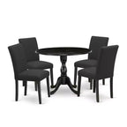 Ensemble de salle à manger en bois HomeStock Belmont 5 pièces 1 table de salle à manger à rallonges et 4 chaises de salle à manger en tissu de lin noir, finition noire brossée