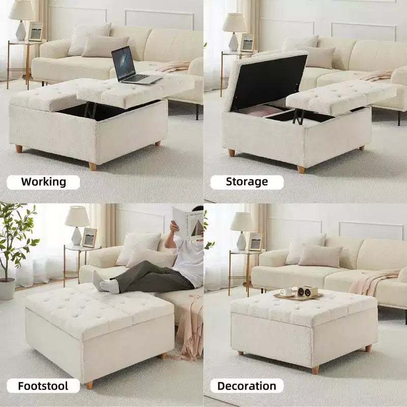 Table basse pouf de rangement en cuir avec plateau relevable, banc pouf capitonné en similicuir pour chambre à coucher et salon