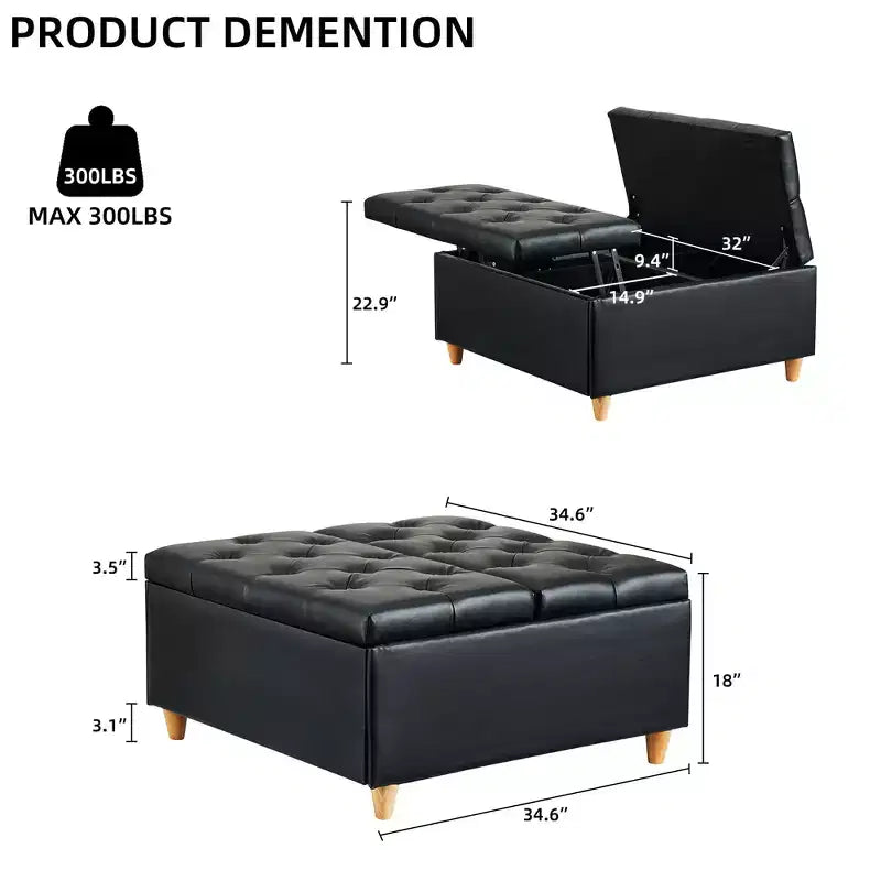 Table basse pouf de rangement en cuir avec plateau relevable, banc pouf capitonné en similicuir pour chambre à coucher et salon