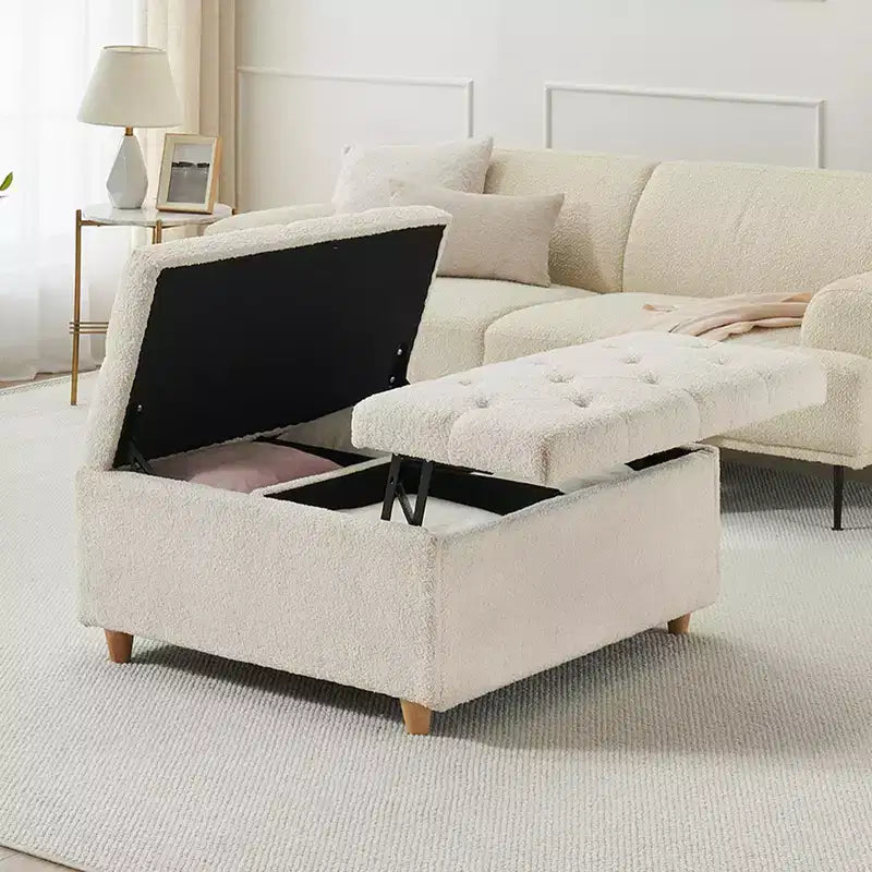 Table basse pouf de rangement en cuir avec plateau relevable, banc pouf capitonné en similicuir pour chambre à coucher et salon