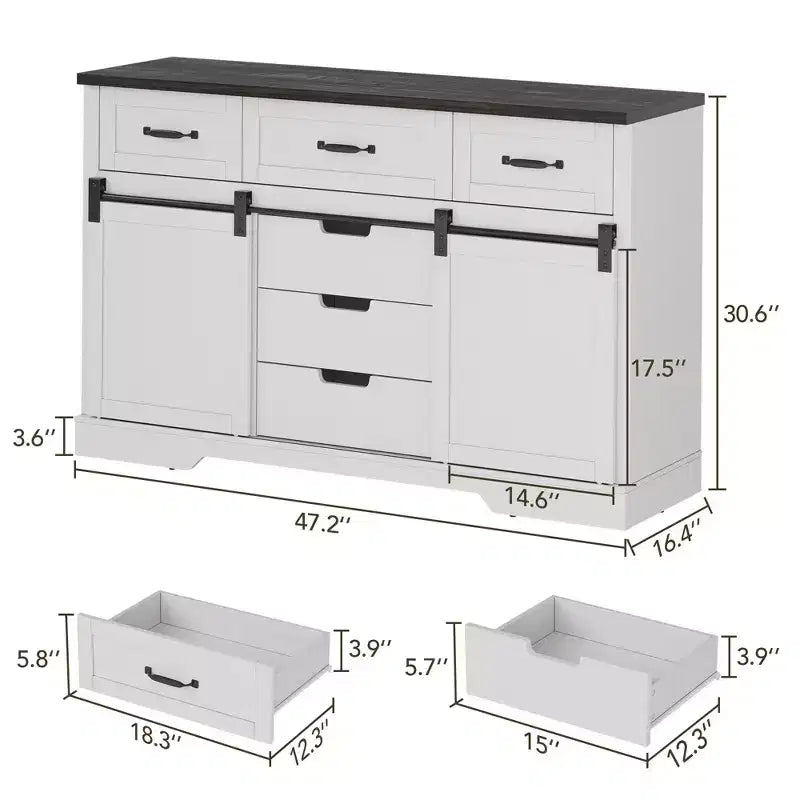 Meuble de rangement en bois pour chambre à coucher avec 6 tiroirs et porte coulissante style grange, blanc
