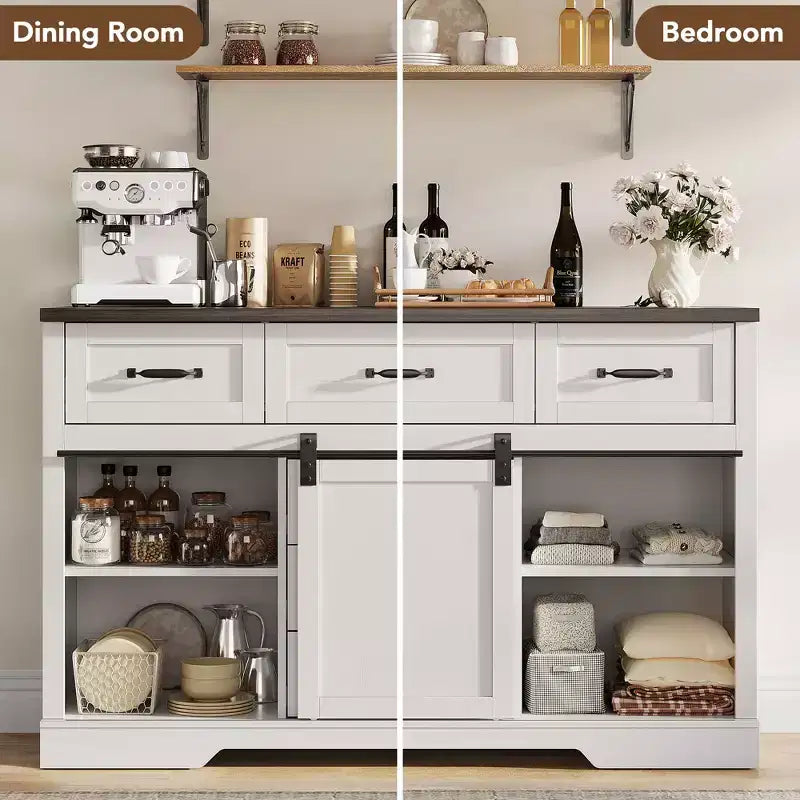 Meuble de rangement en bois pour chambre à coucher avec 6 tiroirs et porte coulissante style grange, blanc