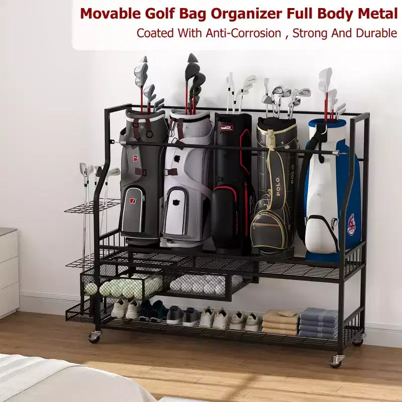 Organisateur de sac de golf mobile, Organisateur de rangement de sac de golf tout-en-un pour garage, Organisateur d'équipement de sport, Organisateur de rangement de sac de golf pour garage avec paniers
