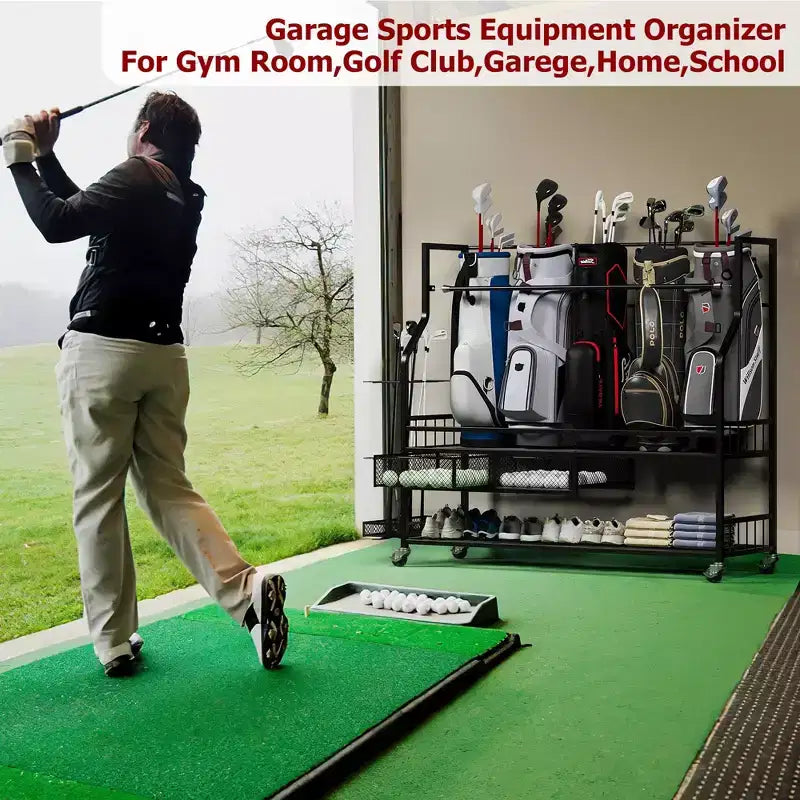 Organisateur de sac de golf mobile, Organisateur de rangement de sac de golf tout-en-un pour garage, Organisateur d'équipement de sport, Organisateur de rangement de sac de golf pour garage avec paniers