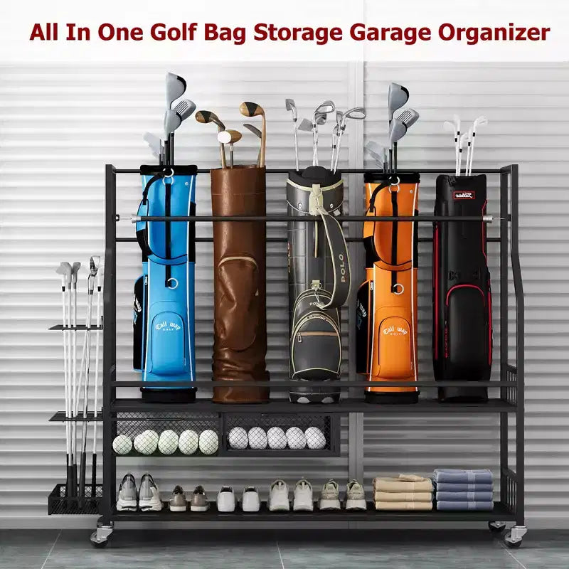 Organisateur de sac de golf mobile, Organisateur de rangement de sac de golf tout-en-un pour garage, Organisateur d'équipement de sport, Organisateur de rangement de sac de golf pour garage avec paniers