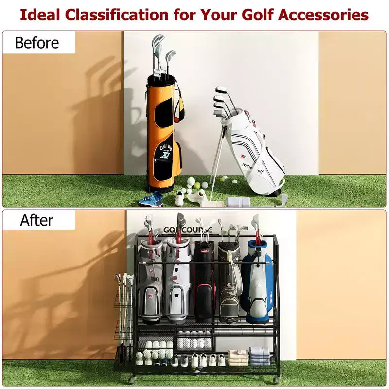 Organisateur de sac de golf mobile, Organisateur de rangement de sac de golf tout-en-un pour garage, Organisateur d'équipement de sport, Organisateur de rangement de sac de golf pour garage avec paniers
