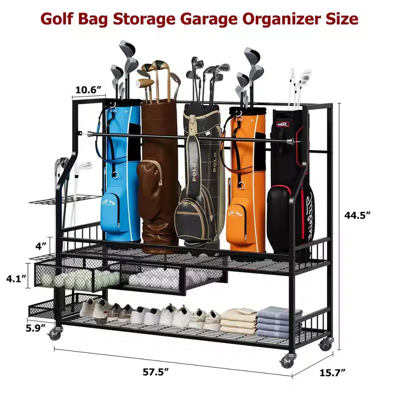 Organisateur de sac de golf mobile, Organisateur de rangement de sac de golf tout-en-un pour garage, Organisateur d'équipement de sport, Organisateur de rangement de sac de golf pour garage avec paniers