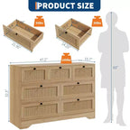 Commode 7 tiroirs en rotin pour chambre à coucher, commode de 130 cm de large, table de chevet pour placard, meuble de rangement en bois pour salon, couloir, entrée