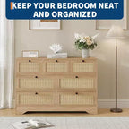 Commode 7 tiroirs en rotin pour chambre à coucher, commode de 130 cm de large, table de chevet pour placard, meuble de rangement en bois pour salon, couloir, entrée