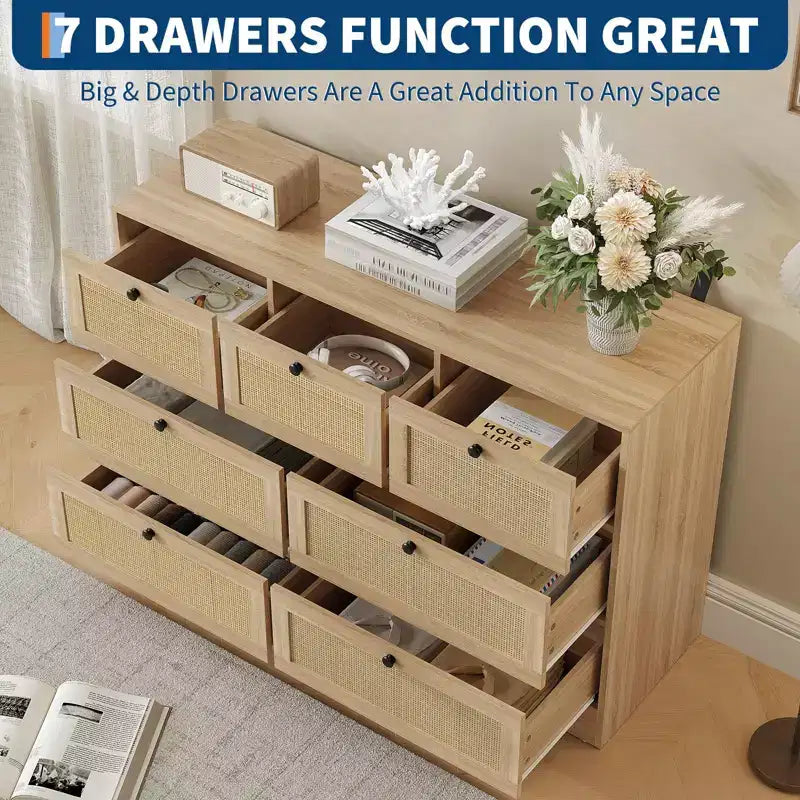 Commode 7 tiroirs en rotin pour chambre à coucher, commode de 130 cm de large, table de chevet pour placard, meuble de rangement en bois pour salon, couloir, entrée