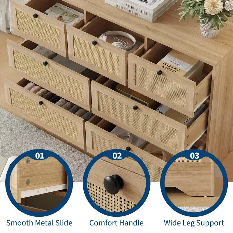 Commode 7 tiroirs en rotin pour chambre à coucher, commode de 130 cm de large, table de chevet pour placard, meuble de rangement en bois pour salon, couloir, entrée