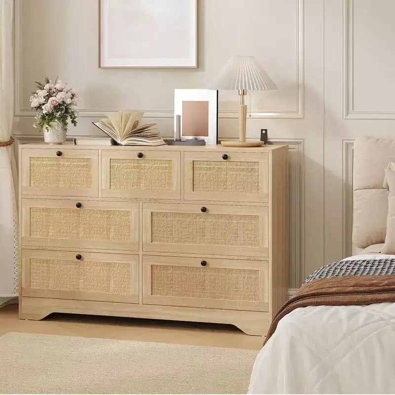 Commode 7 tiroirs en rotin pour chambre à coucher, commode de 130 cm de large, table de chevet pour placard, meuble de rangement en bois pour salon, couloir, entrée