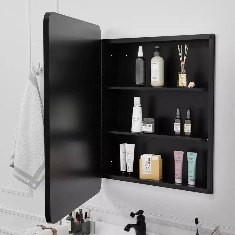 PexFix Armoire de toilette 30 x 24 avec miroir Cadre en acier inoxydable et 2 étagères réglables Armoires à pharmacie murales Miroirs Rectangulaire Encastré Noir