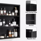 PexFix Armoire de toilette 30 x 24 avec miroir Cadre en acier inoxydable et 2 étagères réglables Armoires à pharmacie murales Miroirs Rectangulaire Encastré Noir