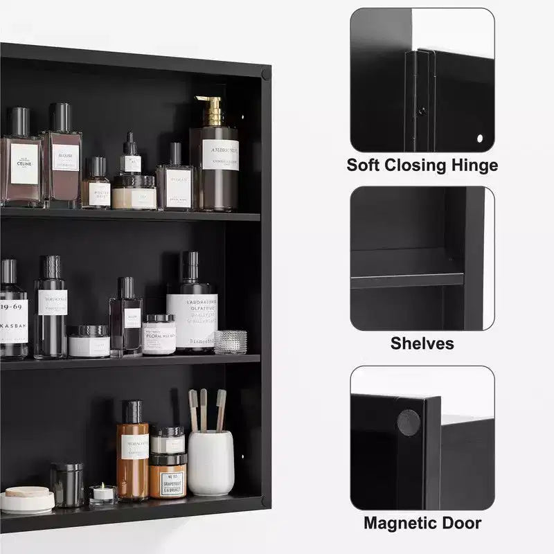 PexFix Armoire de toilette 30 x 24 avec miroir Cadre en acier inoxydable et 2 étagères réglables Armoires à pharmacie murales Miroirs Rectangulaire Encastré Noir