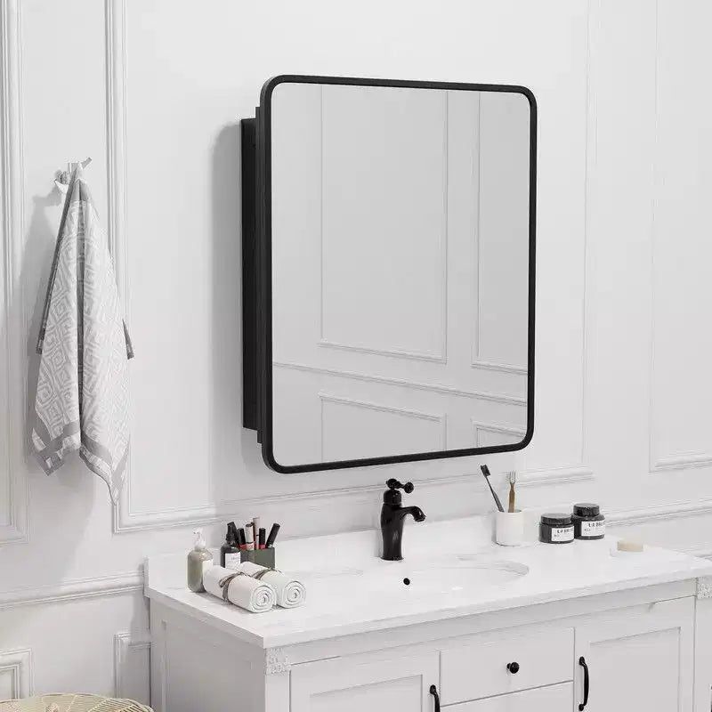 PexFix Armoire de toilette 30 x 24 avec miroir Cadre en acier inoxydable et 2 étagères réglables Armoires à pharmacie murales Miroirs Rectangulaire Encastré Noir