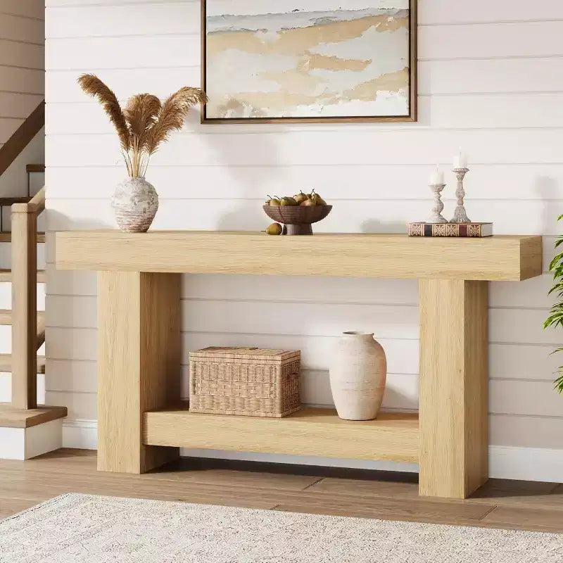 Table console Acekool Farmhouse, table d'entrée à 2 niveaux avec étagère de rangement, longue table de canapé pour couloir, salon, accent rustique