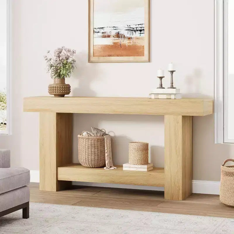 Table console Acekool Farmhouse, table d'entrée à 2 niveaux avec étagère de rangement, longue table de canapé pour couloir, salon, accent rustique
