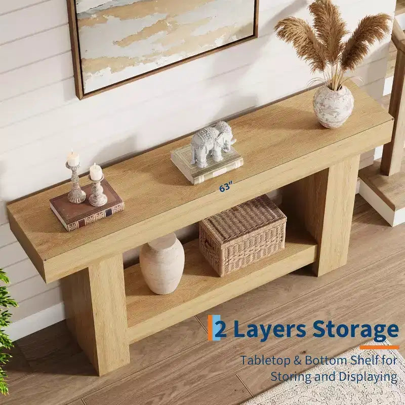 Table console Acekool Farmhouse, table d'entrée à 2 niveaux avec étagère de rangement, longue table de canapé pour couloir, salon, accent rustique
