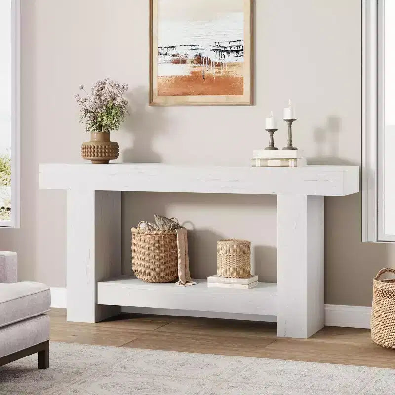 Table console Acekool Farmhouse, table d'entrée à 2 niveaux avec étagère de rangement, longue table de canapé pour couloir, salon, accent rustique