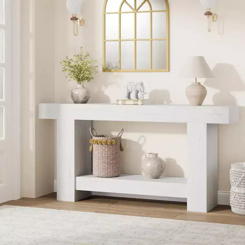 Table console Acekool Farmhouse, table d'entrée à 2 niveaux avec étagère de rangement, longue table de canapé pour couloir, salon, accent rustique