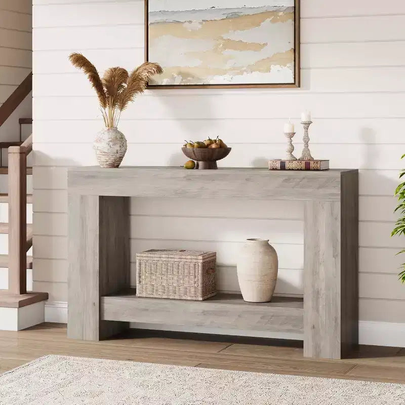 Table console Acekool Farmhouse, table d'entrée à 2 niveaux avec étagère de rangement, longue table de canapé pour couloir, salon, accent rustique