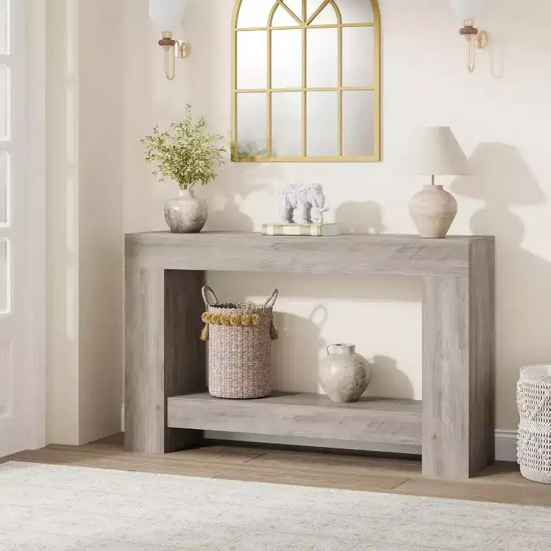 Table console Acekool Farmhouse, table d'entrée à 2 niveaux avec étagère de rangement, longue table de canapé pour couloir, salon, accent rustique