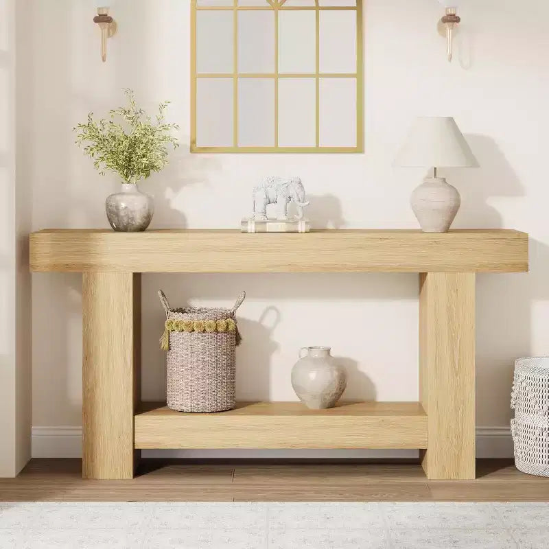Table console Acekool Farmhouse, table d'entrée à 2 niveaux avec étagère de rangement, longue table de canapé pour couloir, salon, accent rustique