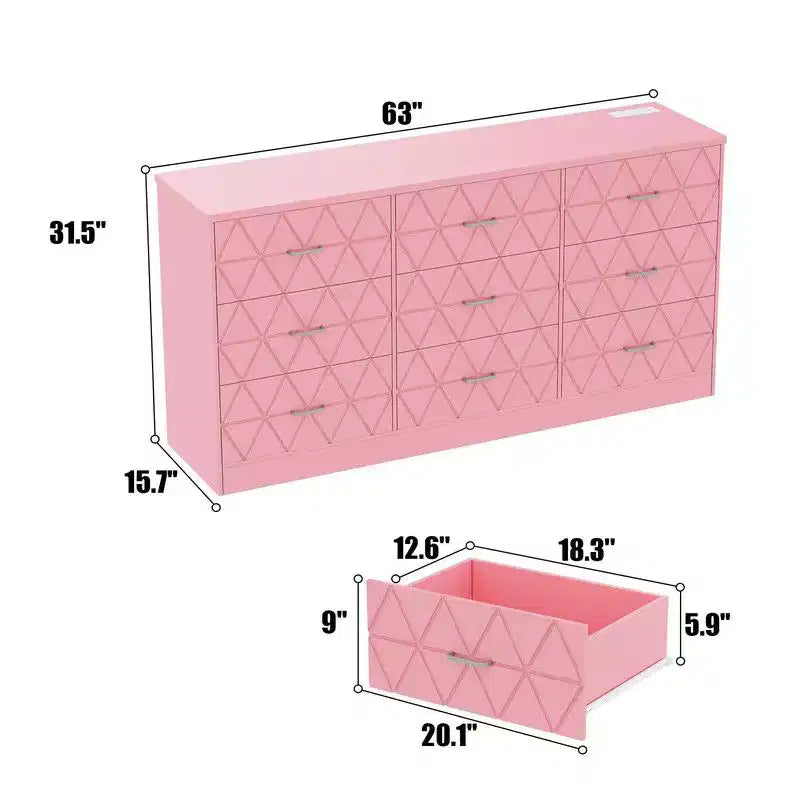 Commode 9 tiroirs, commode 63" pour chambre à coucher avec prise de courant, commode moderne pour couloir, salon