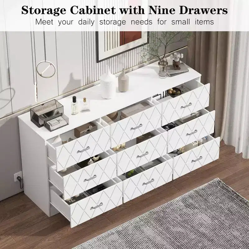 Commode 9 tiroirs, commode 63" pour chambre à coucher avec prise de courant, commode moderne pour couloir, salon