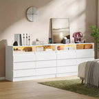 Commode à 6 tiroirs avec station de charge et lumières LED, commode moderne avec prise de courant