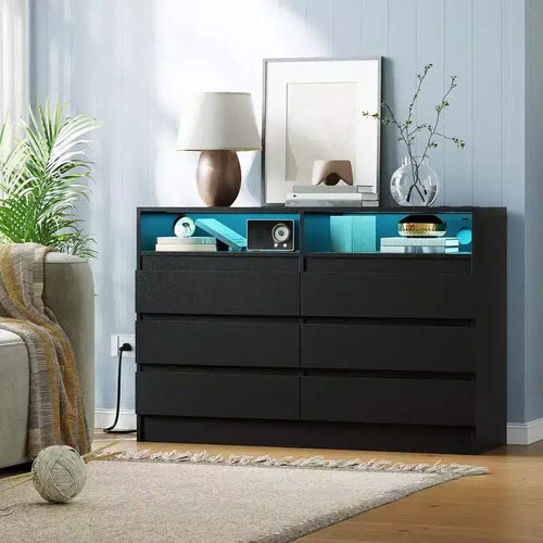 6 Drawer Dresser with Charging Station and LED Lights, Modern Chest of Drawers with Power Outlet