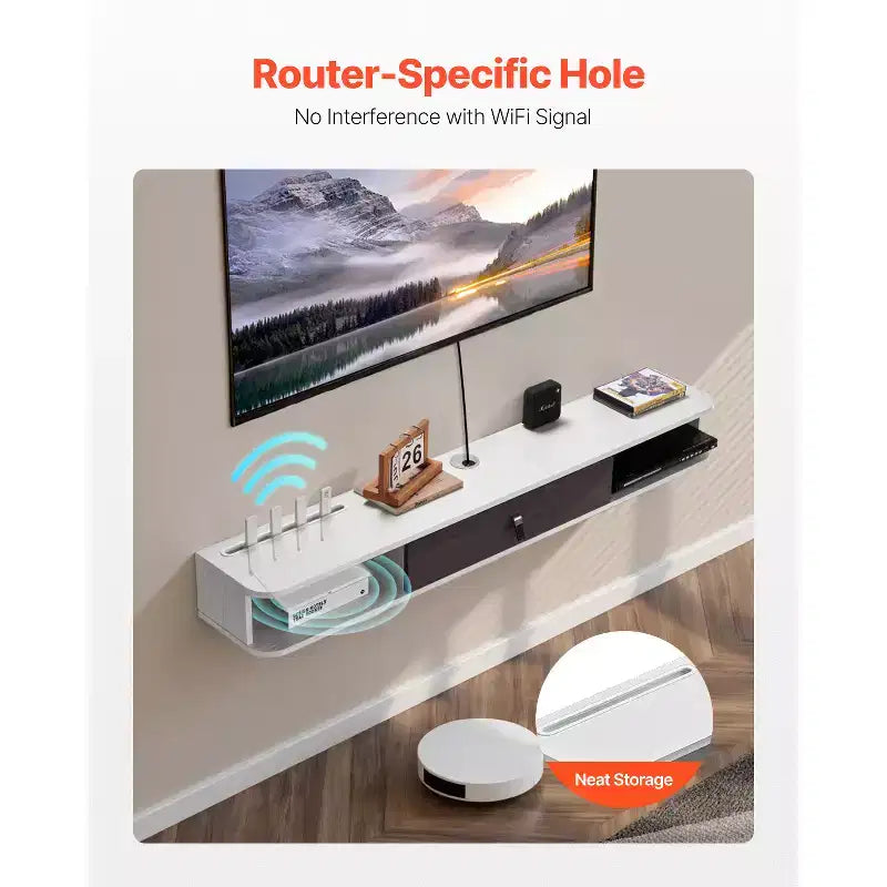 Meuble TV Flottant VEVOR, Centre de Divertissement Mural 55 pouces avec Trou de Câble, Étagère TV Flottante Moderne avec Armoire de Rangement, Blanc